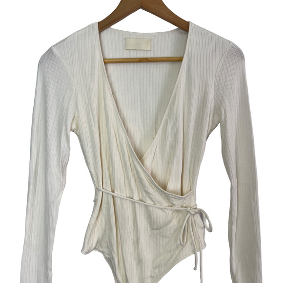 CAPULET Size S Prima White Knit Bodysuit Ribbed Long Sleeve Wrap Front Tie Top - Picture 5 of 13
